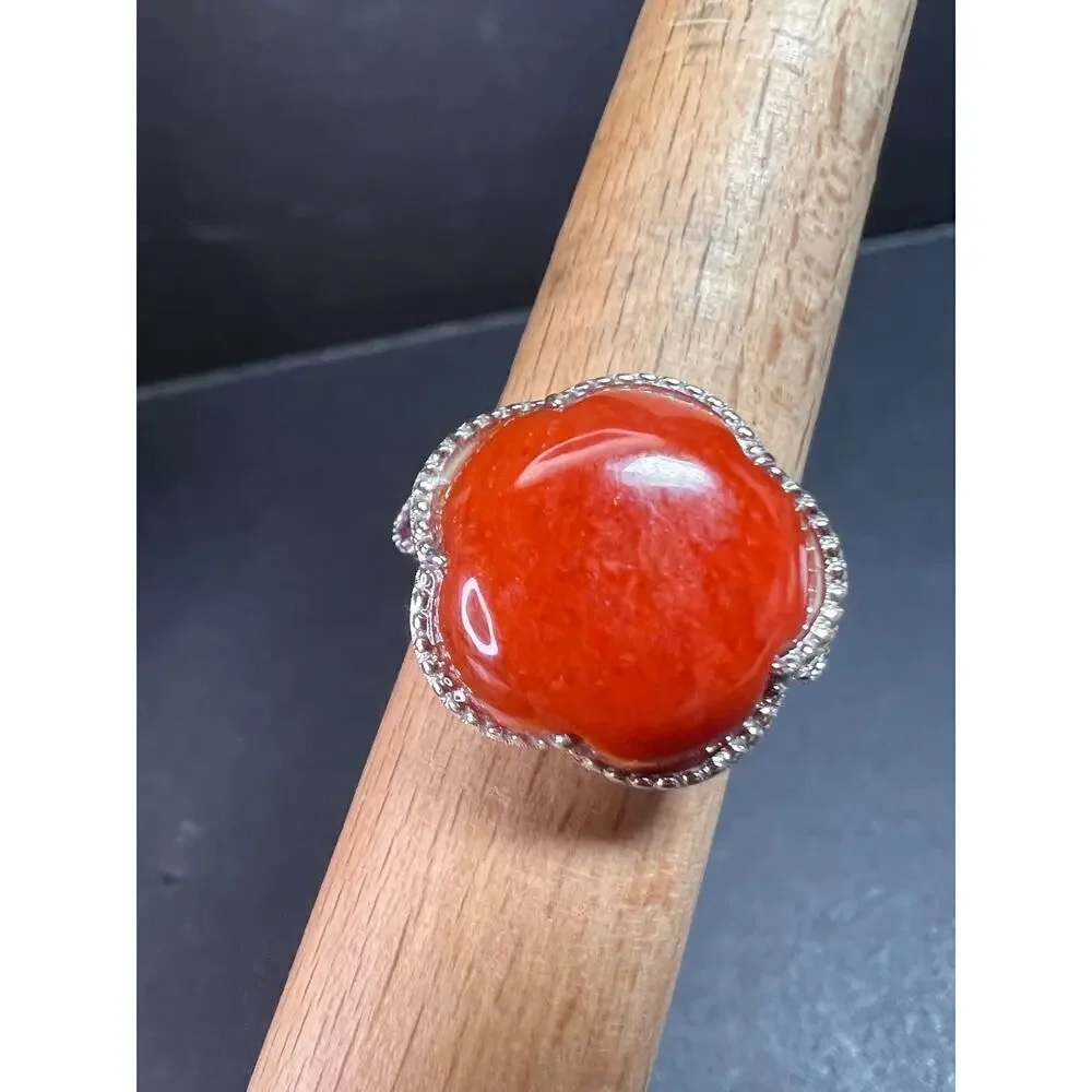 NEW cherry red jade and ruby blossom ring in rhodium over sterling silver size 6